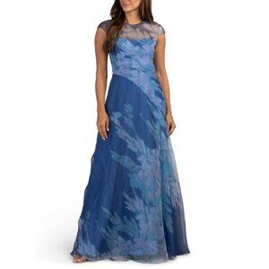 RENE BY RENE RUIZ Navy Short Sleeve Floral Organza Gown